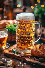 A glass of beer and some bread on a table