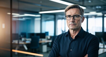 Obraz premium Serious middleaged Caucasian man wearing glasses in a hightech office