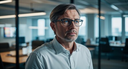 Obraz premium Serious middleaged Caucasian man wearing glasses in a hightech office