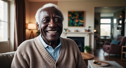 Obraz premium Smiling elderly Black man wearing a cardigan in a cozy living room