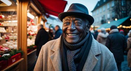 Obraz premium Smiling elderly Black man wearing a scarf at a holiday market