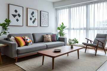 Photograph of a modern living room with a combination of mid-century modern interiors and Scandinavian interiors, with white walls hanging with art frames and gray sofas and wood tables. Generative AI