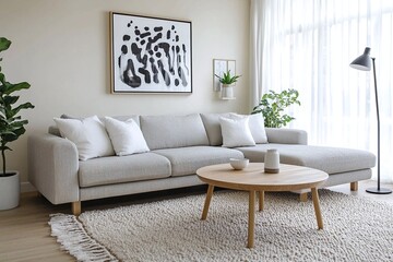 This is an interior photograph of a modern residential living room with a combination of Scandinavian interiors and mid-century modern interiors. Generative AI
