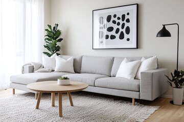 Obraz premium This is an interior photograph of a modern residential living room with a combination of Scandinavian interiors and mid-century modern interiors. Generative AI 