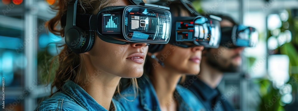 Wall mural group of people using augmented reality headsets to visualize a project, demonstrating advanced digital teamwork tools