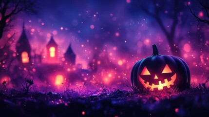 A Glowing Jack-o'-Lantern in a Foggy Halloween Forest