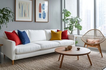 An interior photo of a living room with a combination of Scandinavian interiors and mid-century modern interiors, with white walls hanging with art frames and sofas and tables. Generative AI
