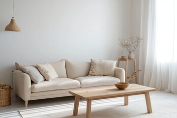 Naklejka premium Photograph of a current residential living room with a combination of Scandinavian interiors and mid-century modern interiors. Generative AI 