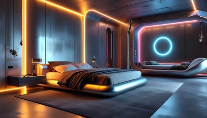 interior of luxury room A futuristic bedroom with sleek metallic surfaces, LED strip lighting, and high-tech decor. Incorporate a minimalist color palette with bold neon accents, and a bed with a mode