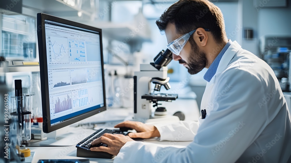 Poster scientist analyzing data on computer in laboratory