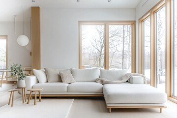 Fototapeta premium A modern interior photograph combining Scandinavian and mid-century modern interiors in a living room with a view of a wooden window frame. Generative AI 