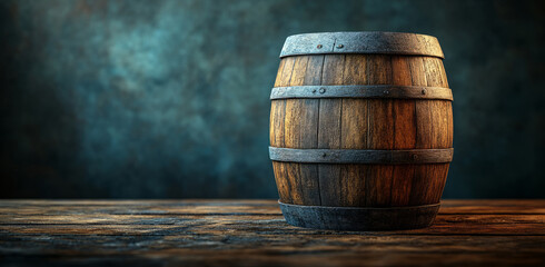 Naklejka premium An old wooden barrel on a dark background. Making wine, whiskey, cognac.