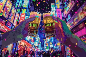 Obraz premium Two friends enjoying beers in the city