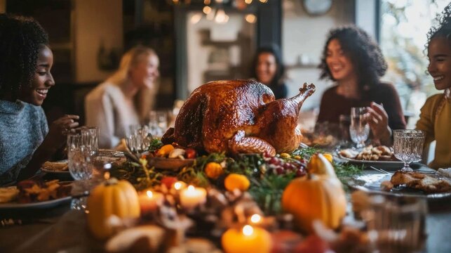 Thanksgiving traditions, multicultural friends and family gathering at festive table with turkey