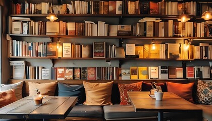 books in a library a cozy coffee cafe with bookshelves lining the walls, plush seating, and warm lighting. Create a space where customers can read and relax, surrounded by vintage books