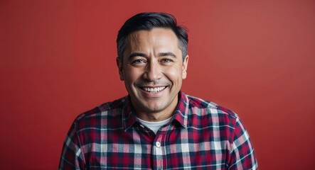Fototapeta premium Smiling middleaged Hispanic man with short hair wearing plaid shirt on plain red background
