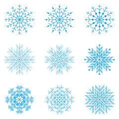 Set of blue snowflake icons.Isolated snowflake collection.Happy New Year,Christmas holidays. Winter design elements. Vector illustration.