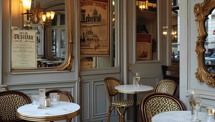 interior A chic, Parisian-themed cafe with marble-top tables, bistro chairs, ornate mirrors, and soft lighting. Incorporate vintage French posters and a black-and-white color scheme for an elegant