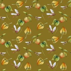 Autumn floral seamless pattern with orange flowers, bees and dragonfly. Hand drawn botanical background with insects and floral elements for seasonal poster, stationery, textile and packing design