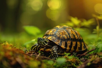 Fototapeta premium A small turtle sits on a lush green field