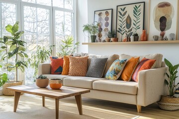 Fototapeta premium Took a living room photo of a Scandinavian interior with an art frame hanging and a mid-century modern interior combination. Generative AI 