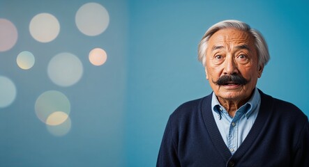 Fototapeta premium Surprised elderly Asian man with mustache wearing sweater on plain pink background