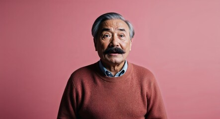 Obraz premium Surprised elderly Asian man with mustache wearing sweater on plain pink background