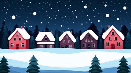 Fototapeta premium A serene winter scene featuring cozy houses with snow-covered roofs, surrounded by pine trees under a starry night sky.