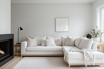 Photographed a modern residential living room designed with a combination of mid-century modern interiors and Scandinavian interiors. Generative AI
