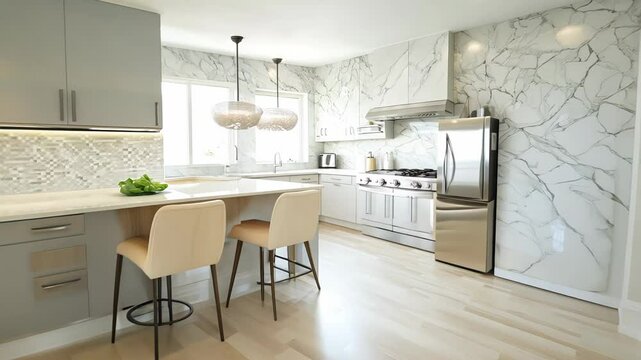 modern kitchen with a marble backsplash and stainless steel appliances. The spacious countertop includes two barstools, making it perfect for casual meals or food preparation