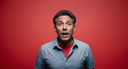 Obraz premium Surprised middleaged Hispanic man with short curly hair wearing casual shirt on plain red background