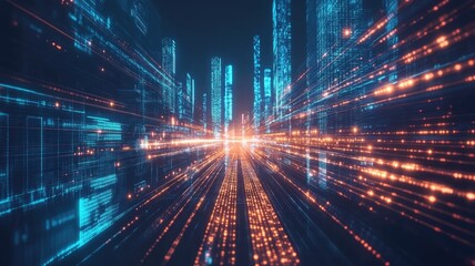 Naklejka premium Futuristic digital cityscape with blue and orange lights, symbolizing data technology