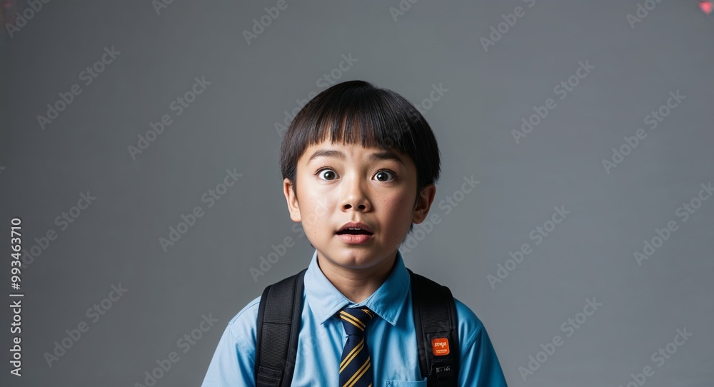 Canvas Prints Surprised young Asian boy with straight hair wearing school uniform on plain grey background