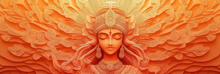 Durga Maa Navratri Banner in Layered Paper Cutting Style with Radiating Sunburst and Divine Power