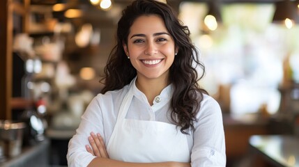 Happy Employee in a White Apron Smiling and Posing: Perfect for Promoting a Positive Workplace Culture or Food Service Environment