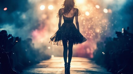 Silhouette of a fashion model on runway with dramatic lighting and audience in background.