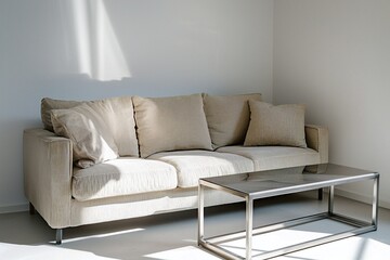A modern living room with a soft white tone finish. A living room photo of a combination of Scandinavian interiors and mid-century modern interiors with comfortable sofas. Generative AI
