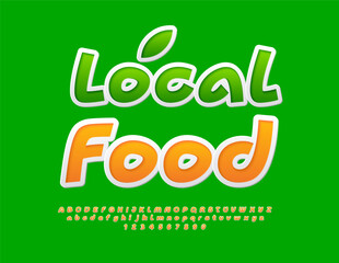 Naklejka premium Vector gourmet concept Local Food with decorative Leaf. Handwritten Yellow Font. Artistic Alphabet Letters and Numbers set