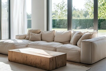 Fototapeta premium Photograph of a current residential living room with a combination of Scandinavian interiors and mid-century modern interiors. Generative AI 