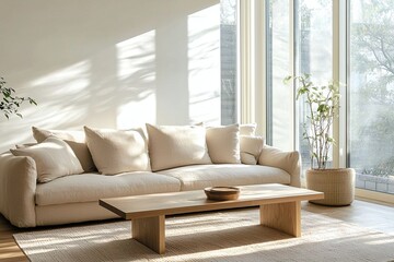 Photograph of a current residential living room with a combination of Scandinavian interiors and mid-century modern interiors. Generative AI
