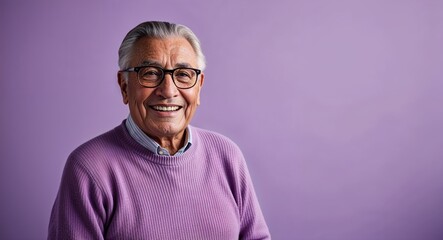 Obraz premium Cheerful elderly Hispanic man with glasses wearing sweater on plain lavender background