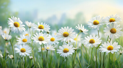 Fototapeta premium Blossoming Daisy Flowers Field Border with Nature Background