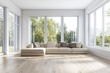 Fototapeta premium A modern living room with a soft white tone finish. A living room photo of a combination of Scandinavian interiors and mid-century modern interiors with comfortable sofas. Generative AI 