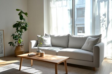 Photographed a modern residential living room designed with a combination of mid-century modern interiors and Scandinavian interiors. Generative AI
