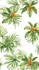 Seamless Tropical Leaf Pattern with Vibrant Orange Flowers