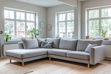 Photograph of a modern living room with a combination of mid-century modern interiors and Scandinavian interiors, with white walls hanging with art frames and gray sofas and wood tables. Generative AI