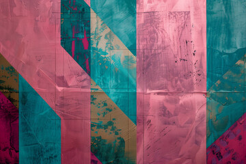 Bold geometric shapes in pink and teal with a distressed, textured background. This modern and artistic composition combines vibrant colors and urban decay for contemporary design projects.
