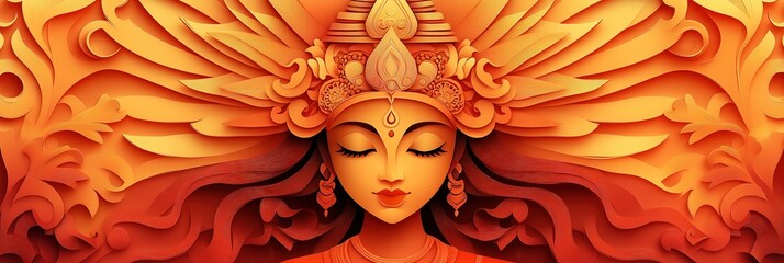 Durga Maa Navratri Banner in Layered Paper Cutting Style with Radiating Sunburst and Divine Power