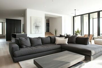 Fototapeta premium A photograph of a mid-century modern interior in a spacious living room with white-finished walls and gray sofas. Generative AI 