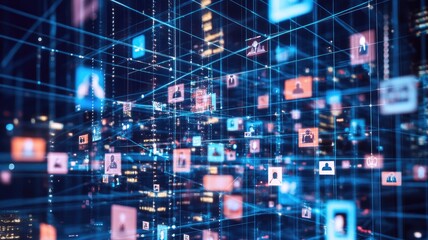 Network of digital profiles with cityscape backdrop depicting interconnected virtual communication